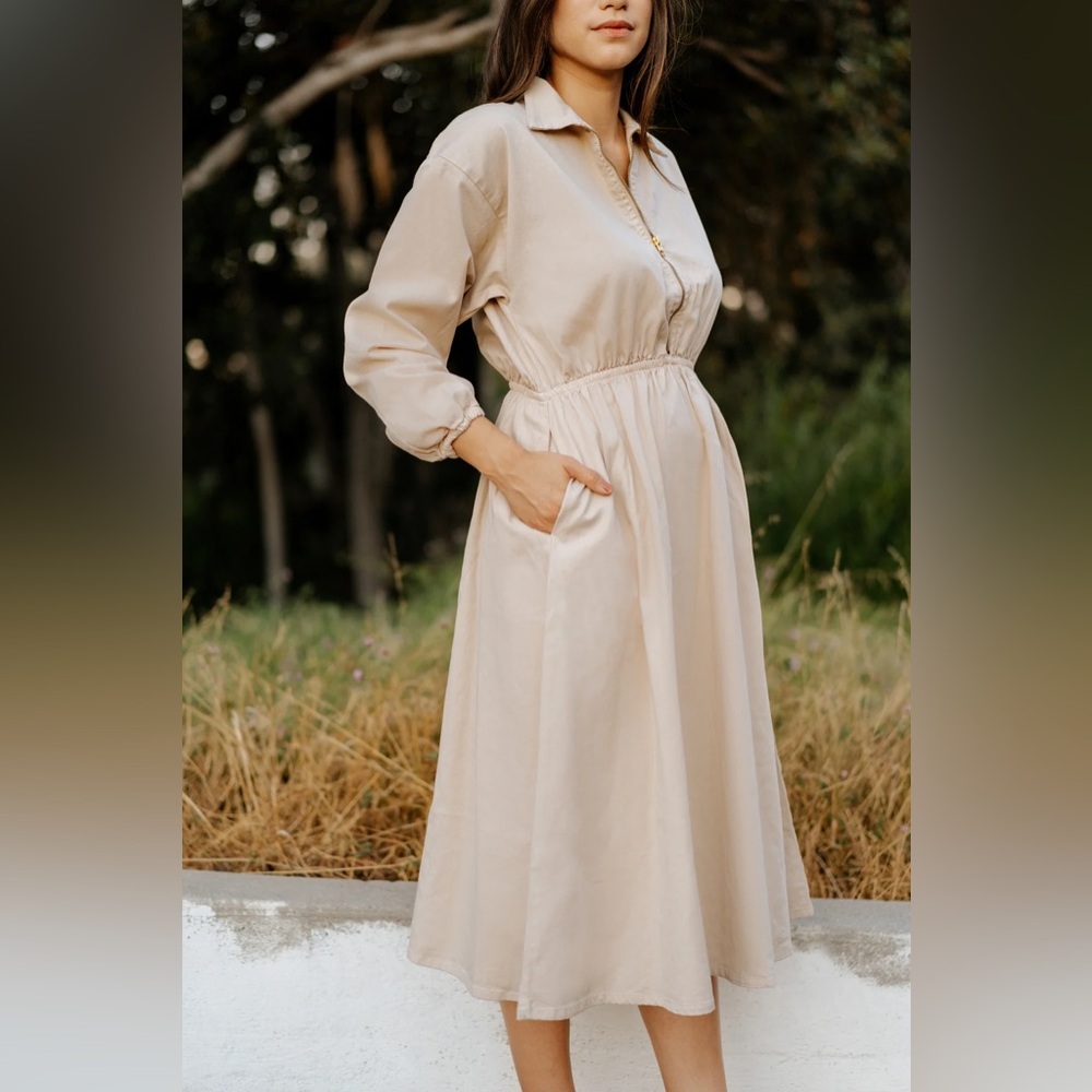 Women's Long Sleeve Shirt Dress in Beige